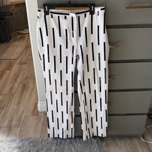 Women’s White Straight-Leg Pants with Black Vertical Bar Print
